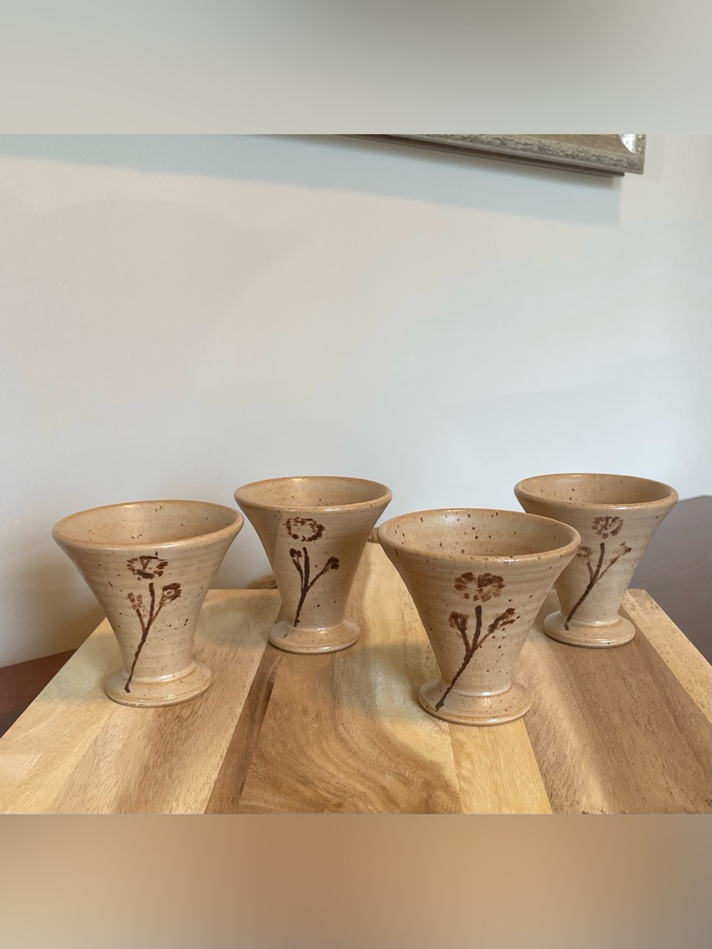 Studio Pottery Sake Cups with Floral Motif - Set of 4 - Picture 4 of 12
